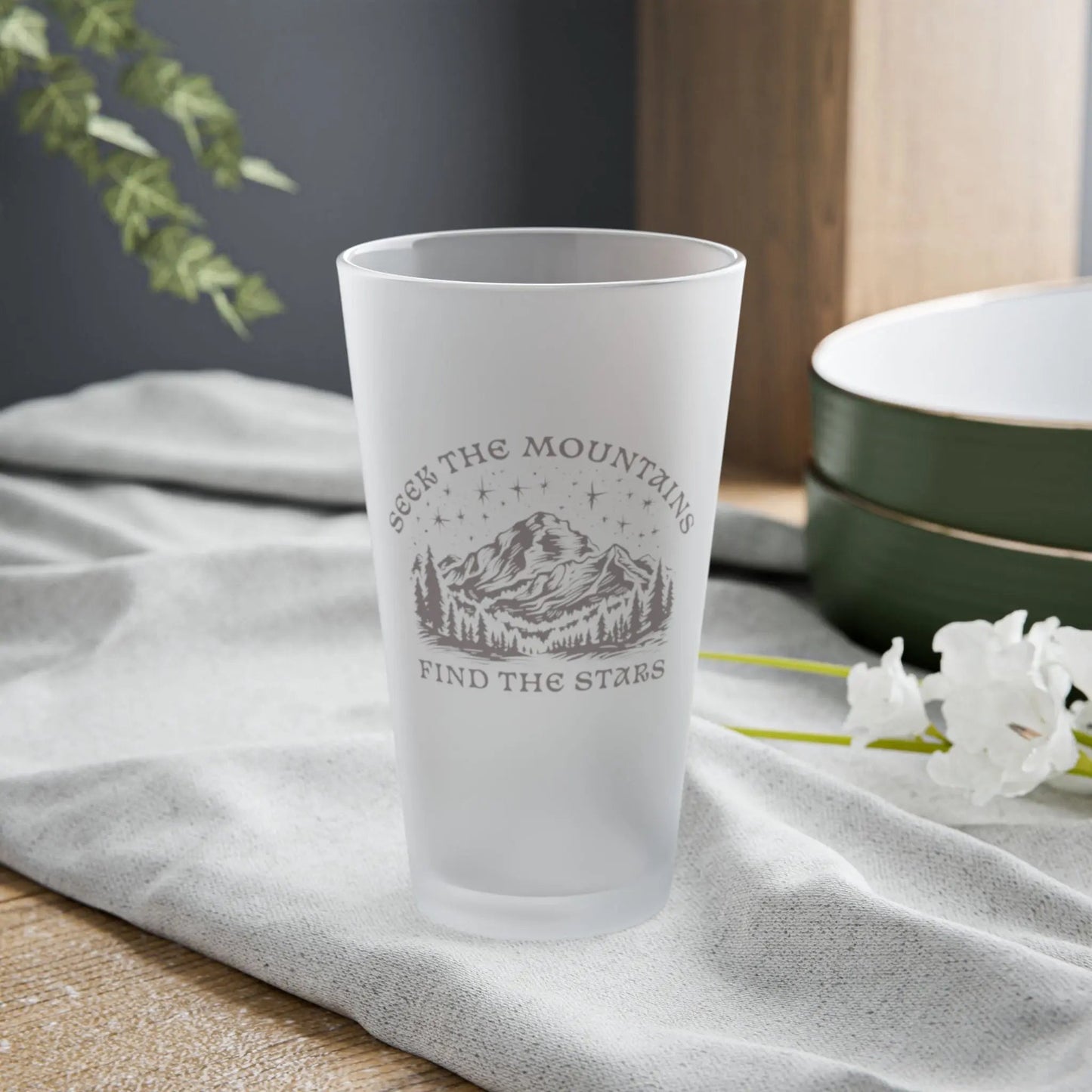 Seek The Mountains Find The Stars Frosted Pint Glass