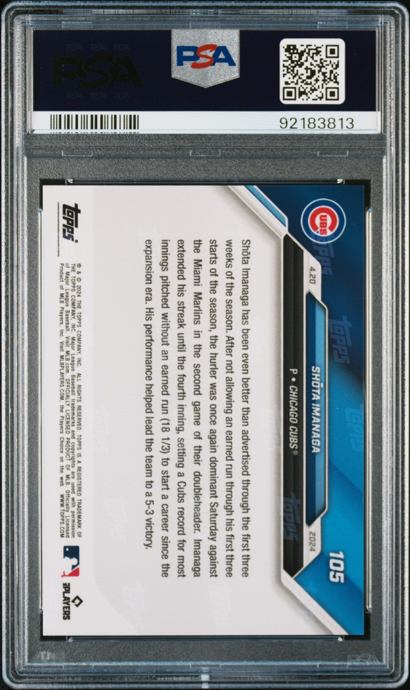 Graded 2024 Topps Now Shota Imanaga #105 Rookie RC Baseball Card PSA 10 Gem Mint