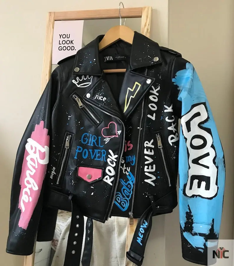 Custom Text Jacket Painted Faux Leather Motorcycle Jacket Danger