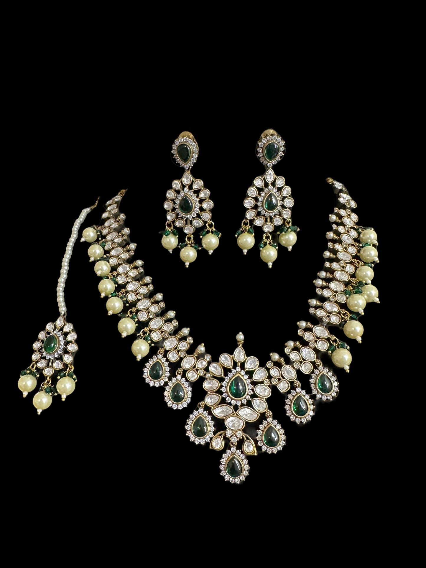 BR303 High quality Polki necklace set with tika - green ( READY TO SHIP )