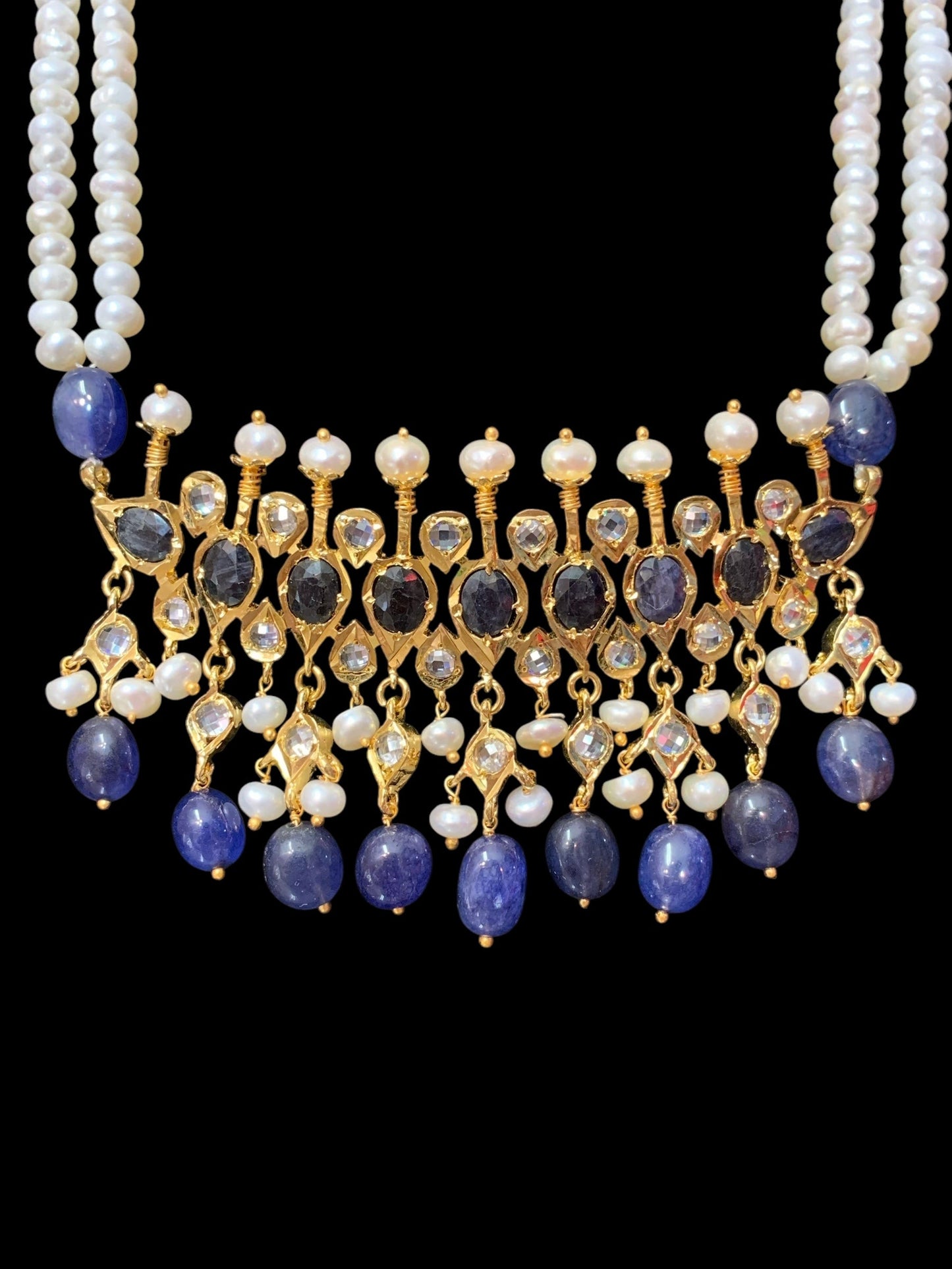 Tirmani Necklace Set with chandbali Earrings – 22K Gold-Plated Jewelry with Freshwater Pearls and sapphire
( SHIPS IN 4 WEEKS )