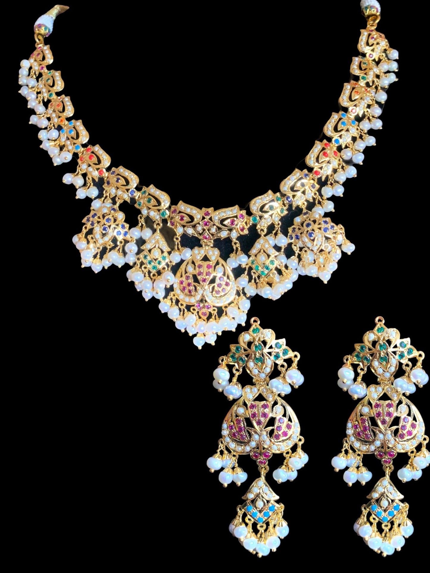 Navratan necklace set with fresh water pearls in gold plated silver