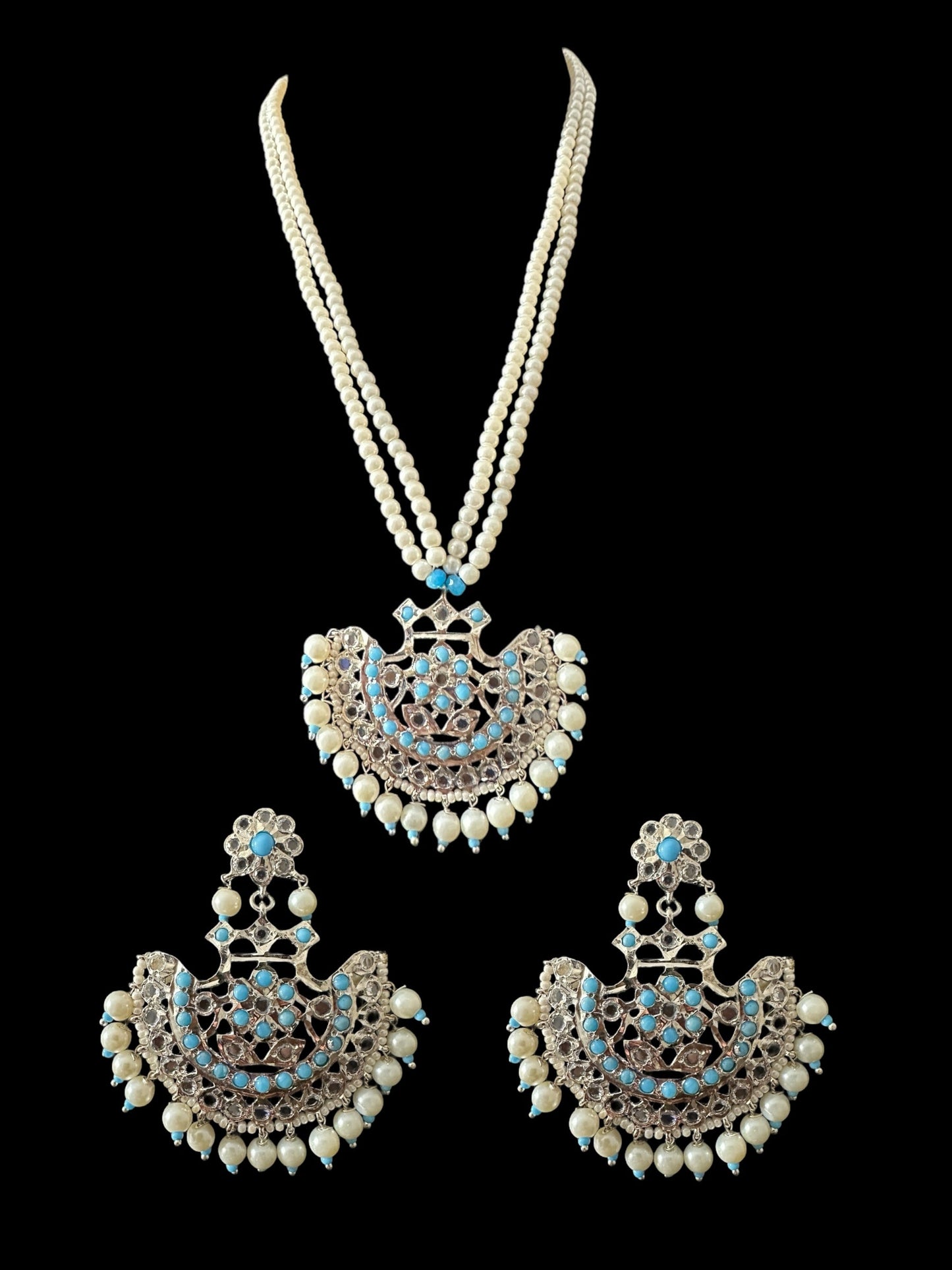 Turquoise / feroza hyderabadi silver plated pendant set with pearls ( READY TO SHIP )