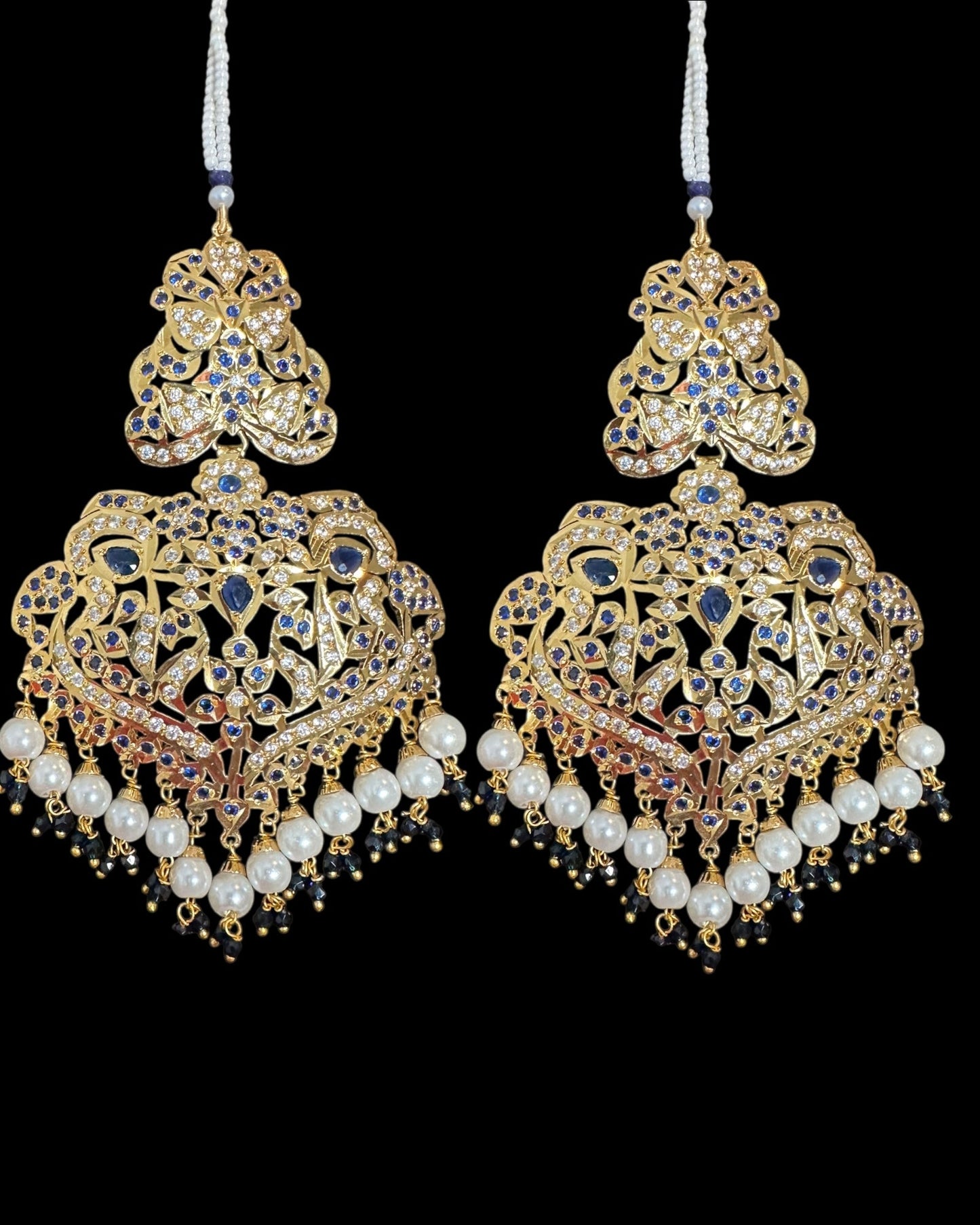 DNS204 Neeli jadau necklace with earrings tika in sapphire zircon(READY TO SHIP )