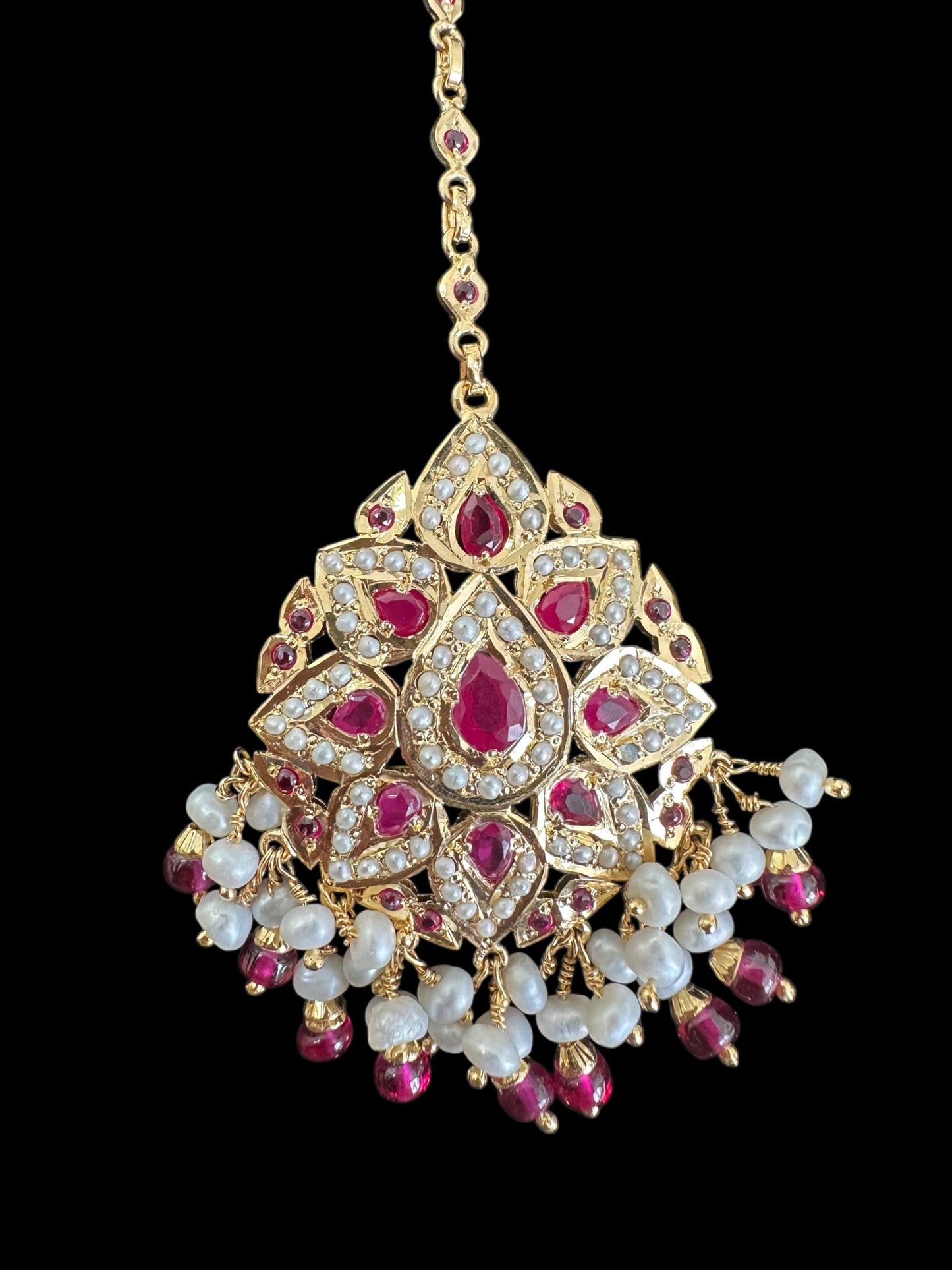 Gold plated silver jadau tikka in pearls and rubies ( SHIPS IN 5 WEEKS )