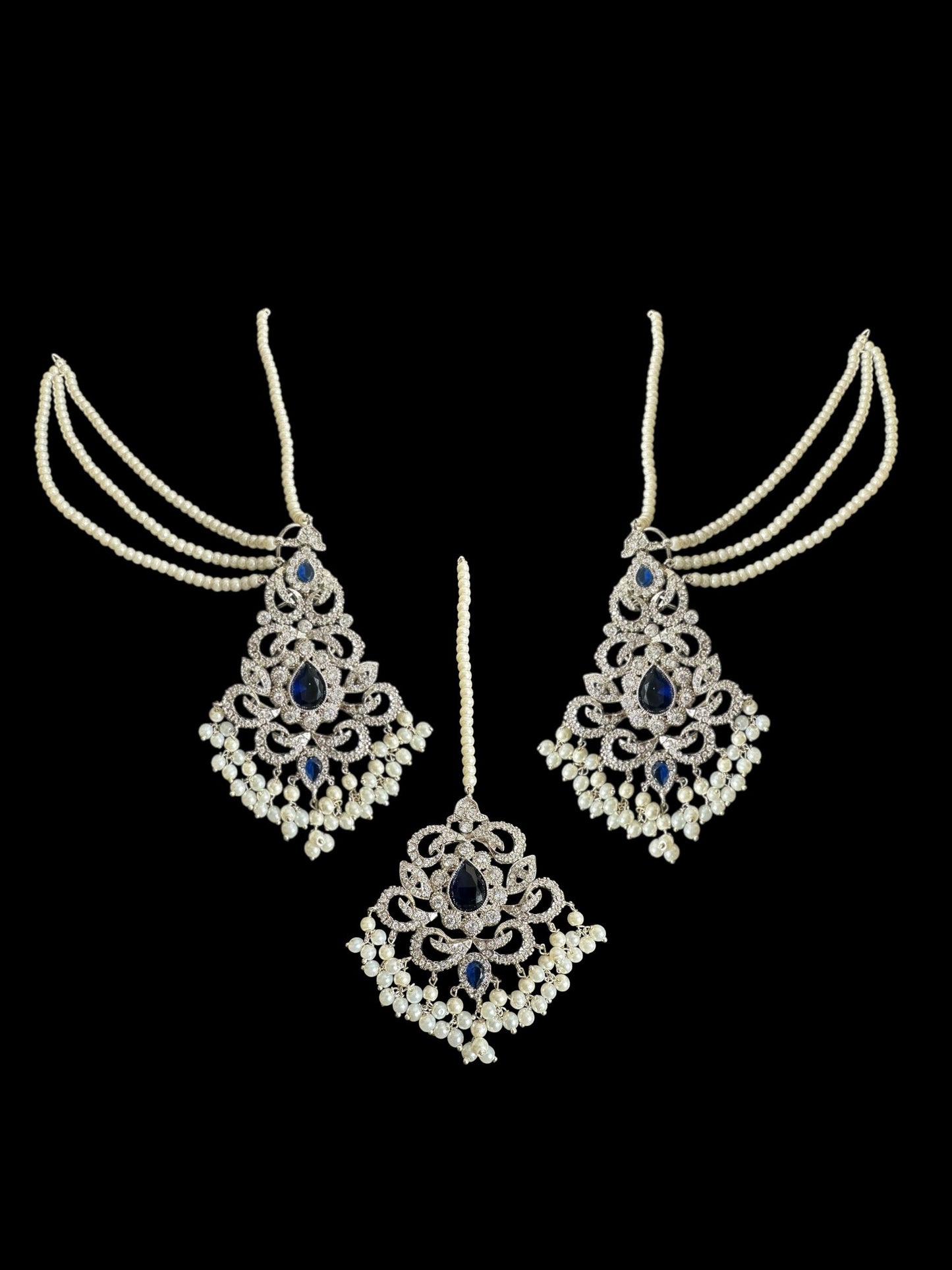 Raaga zircon earring tika set in blue with silver plating ( SHIPS IN 2 WEEKS )