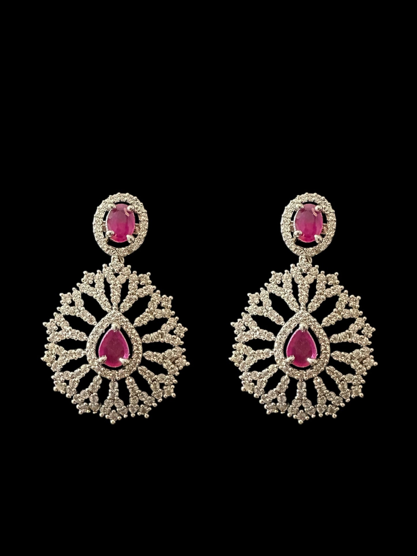 DNS172 Cz necklace set with earrings tika silver plated - Ruby centre stone (READY TO SHIP)