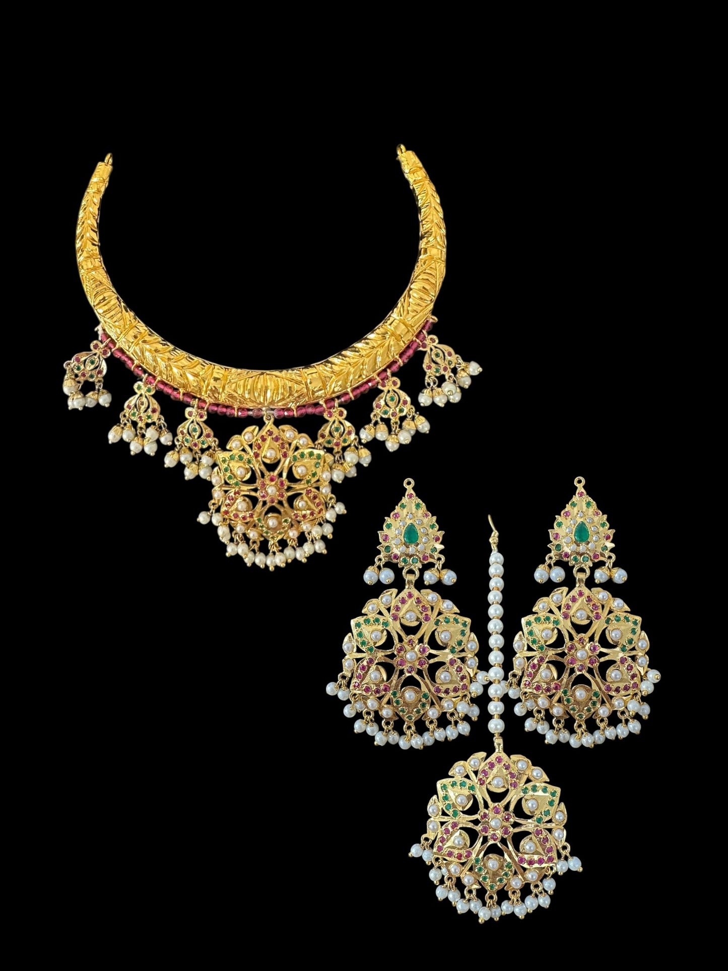 DNS190 Gold-Plated jadau ruby emerald Hasli Necklace with earrings tika – Handcrafted Traditional Set ( READY TO SHIP )