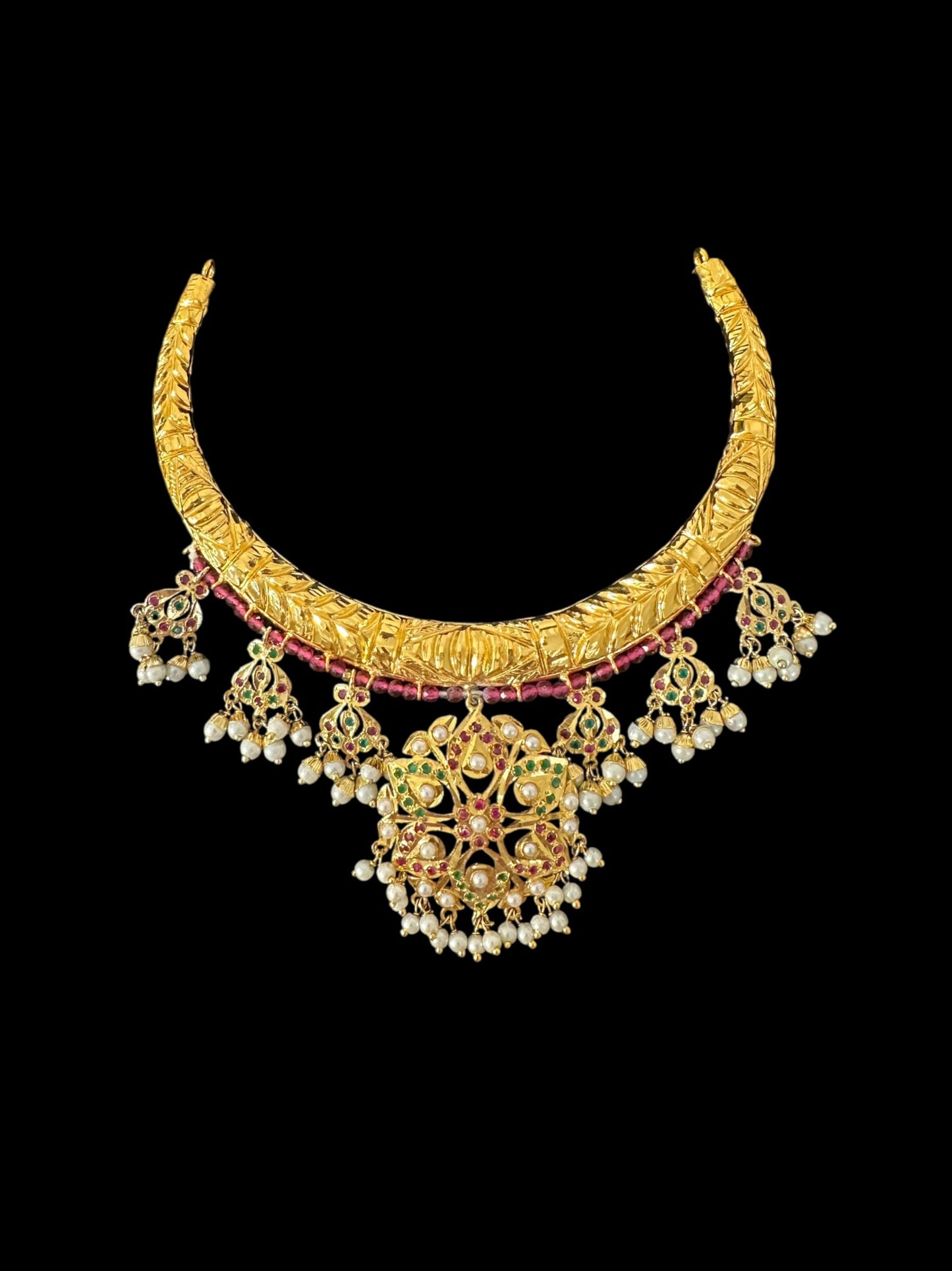 DNS190 Gold-Plated jadau ruby emerald Hasli Necklace with earrings tika – Handcrafted Traditional Set ( READY TO SHIP )