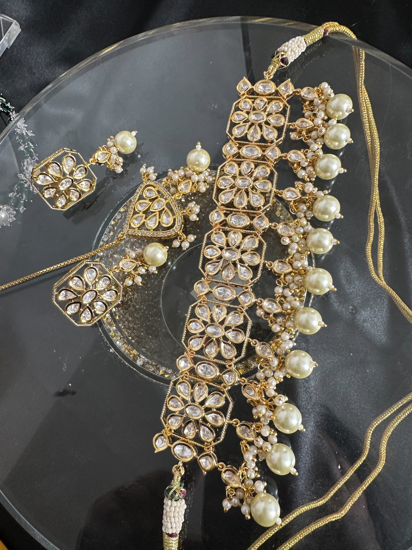 C549 vanya polki choker with earrings in golden pearls ( READY TO SHIP )