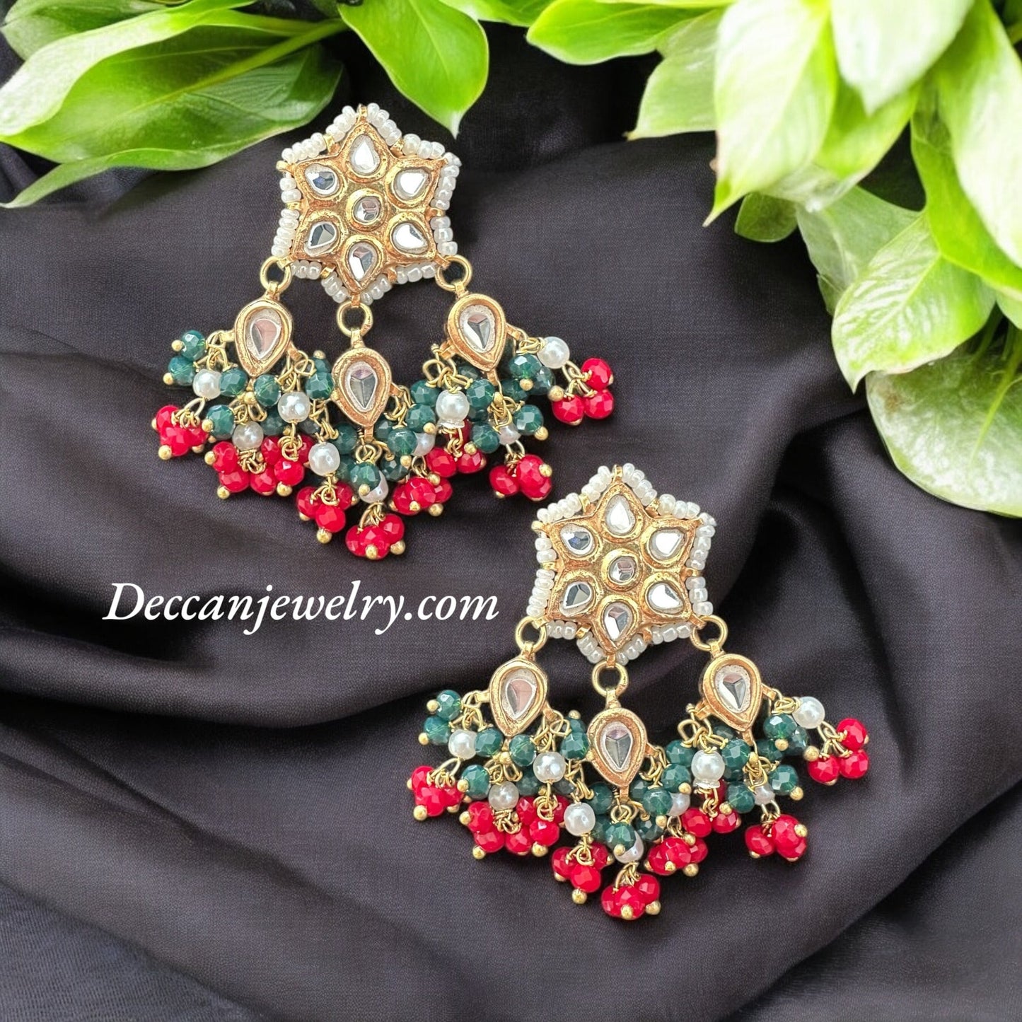 ET567 kundan tops / studs - Red green beads ( READY TO SHIP )