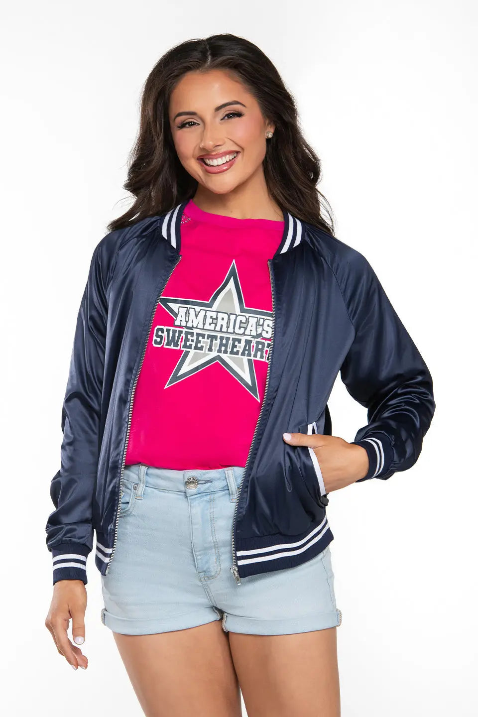 DCC Satin Bomber Jacket in Navy