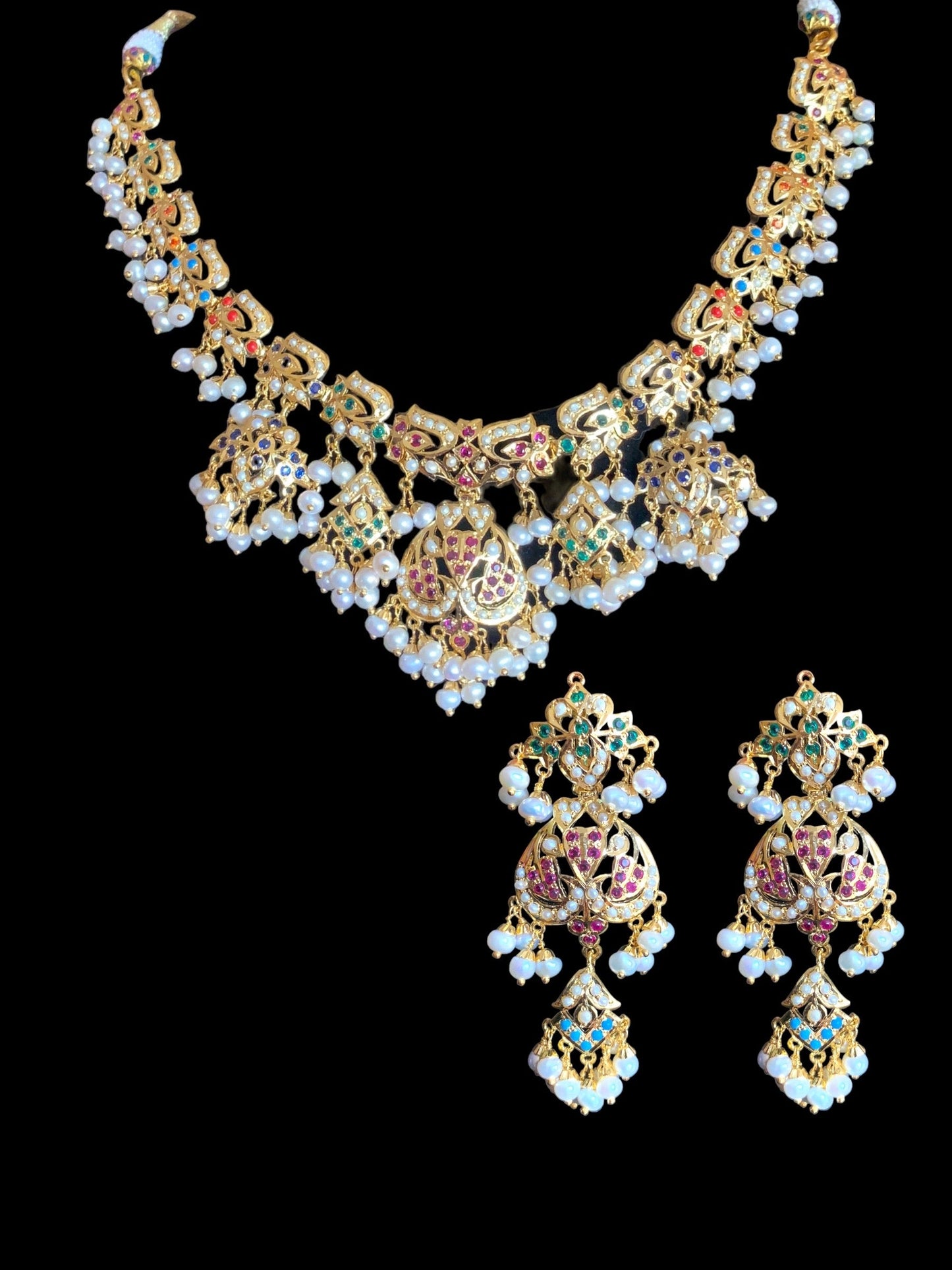 Navratan necklace set with fresh water pearls in gold plated silver