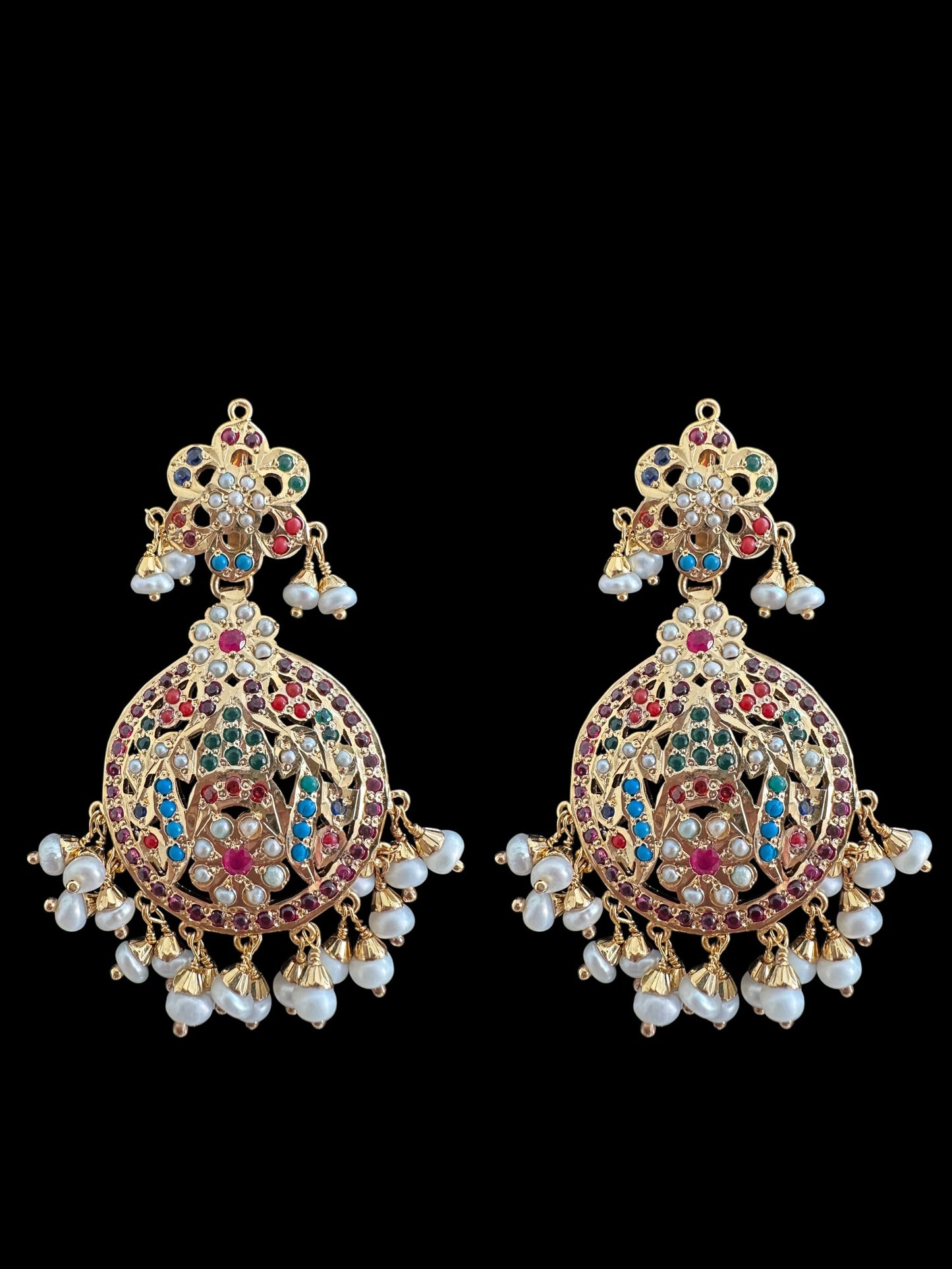 Navratan chandbali earrings in gold plated silver ( READY TO SHIP )