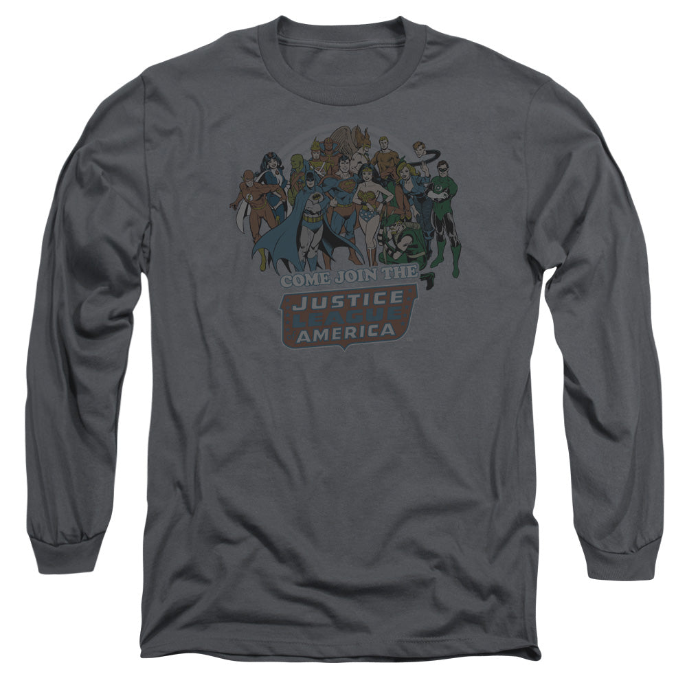 DC Comics Join the Justice League Mens Long Sleeve Shirt Charcoal Officially Licensed