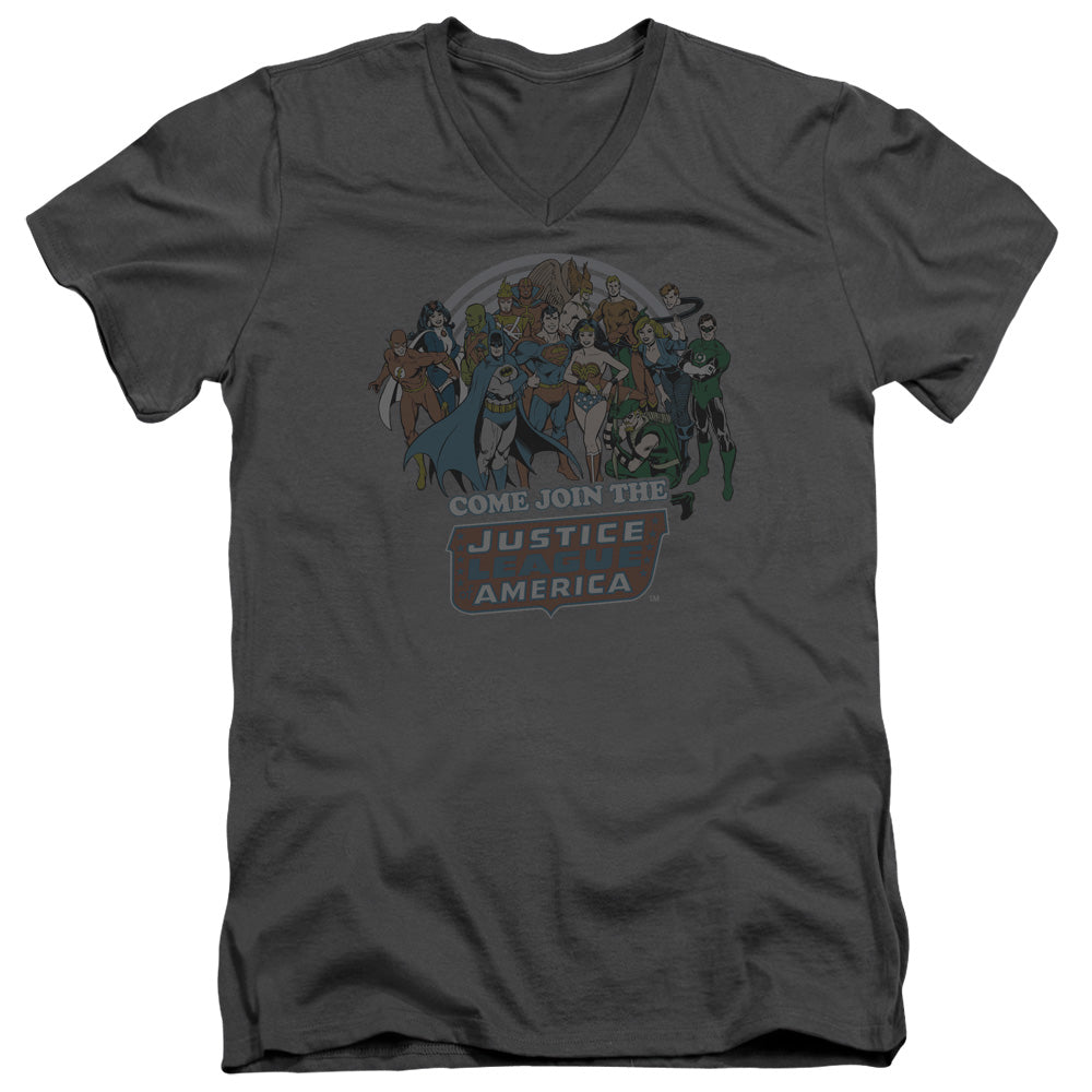 DC Comics Join the Justice League Mens Slim Fit V Neck T Shirt Charcoal Officially Licensed