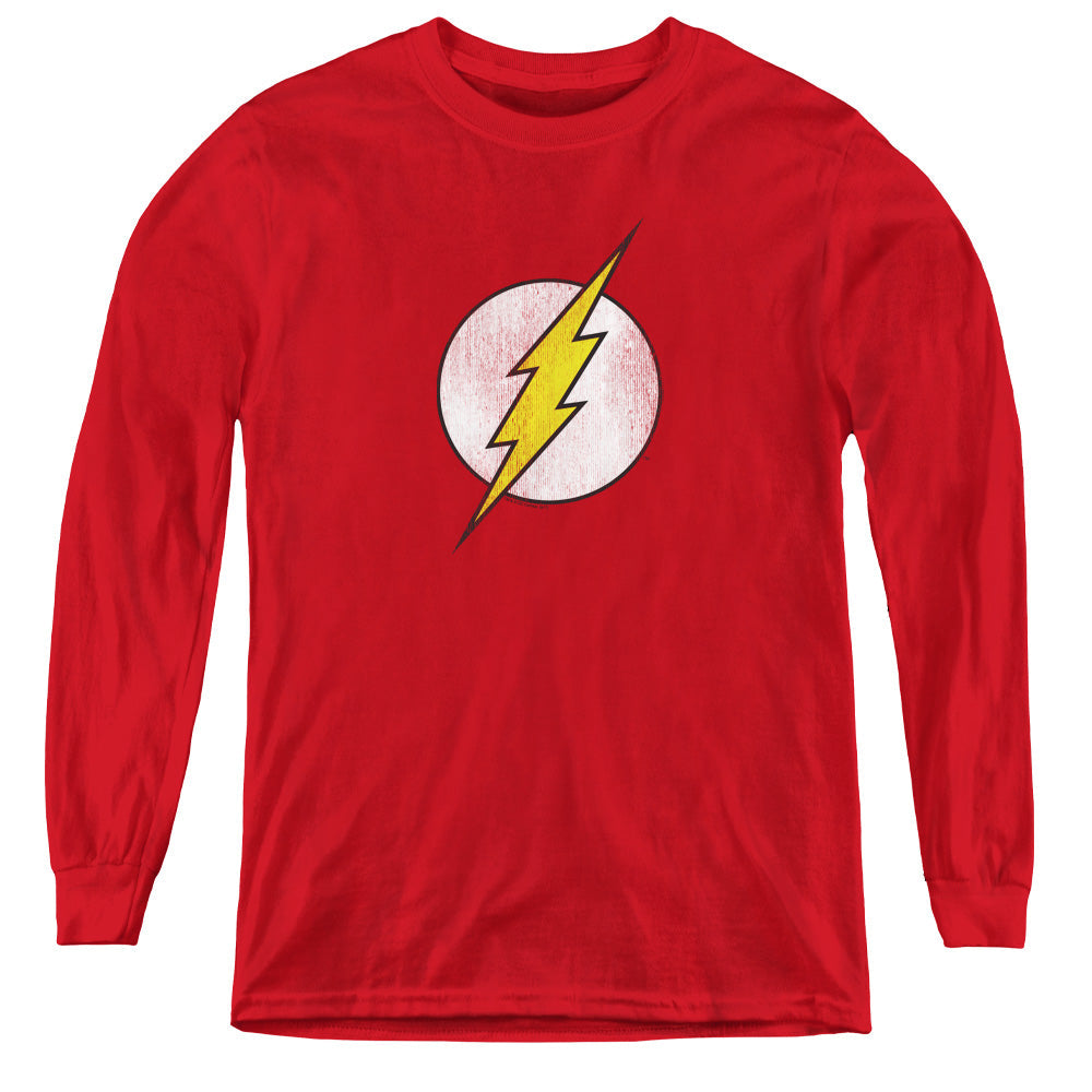 DC Comics Flash Flash Logo Distressed Long Sleeve Kids Youth T Shirt Red Officially Licensed