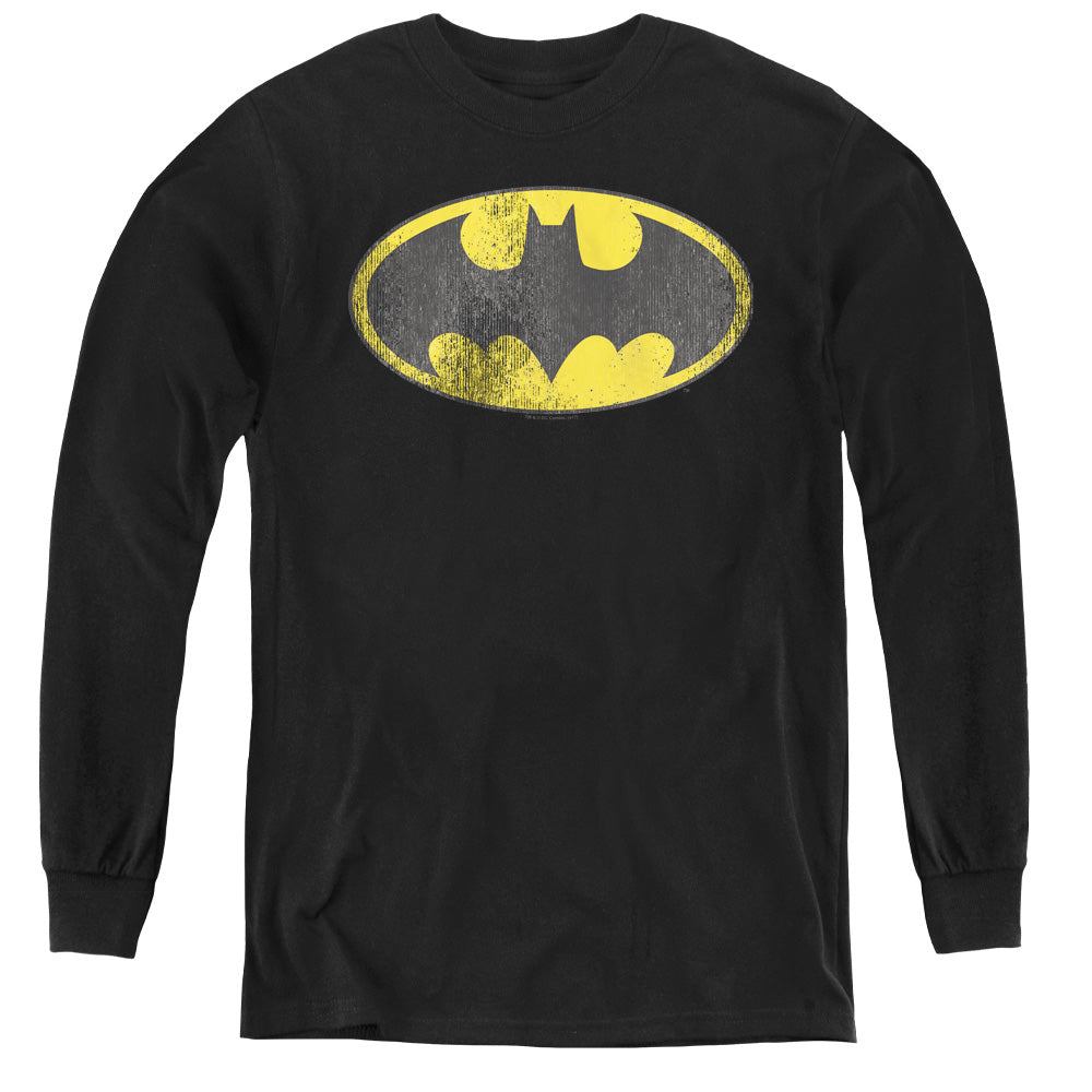 DC Comics Retro Bat Logo Distressed Long Sleeve Kids Youth T Shirt Black Officially Licensed