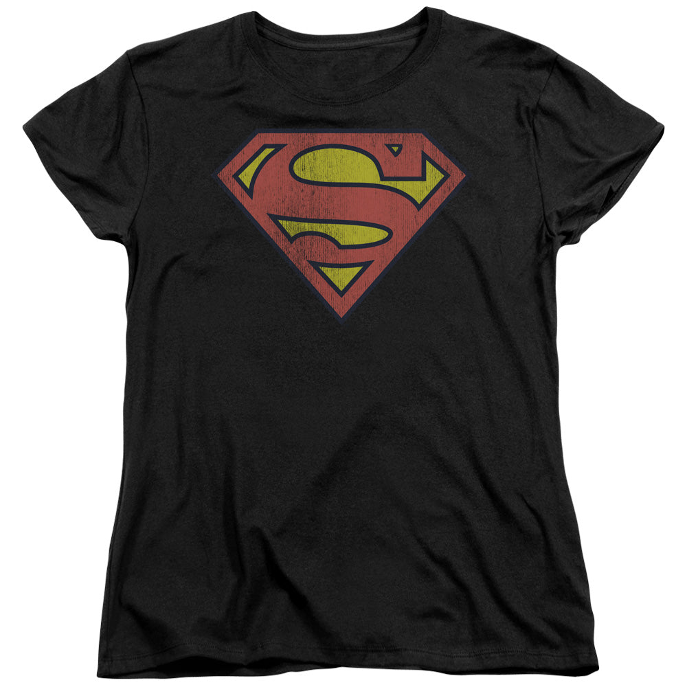 DC Comics Retro Supes Logo Distressed Womens T Shirt Black Officially Licensed