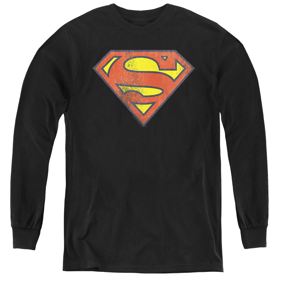 DC Comics Retro Supes Logo Distressed Long Sleeve Kids Youth T Shirt Black Officially Licensed