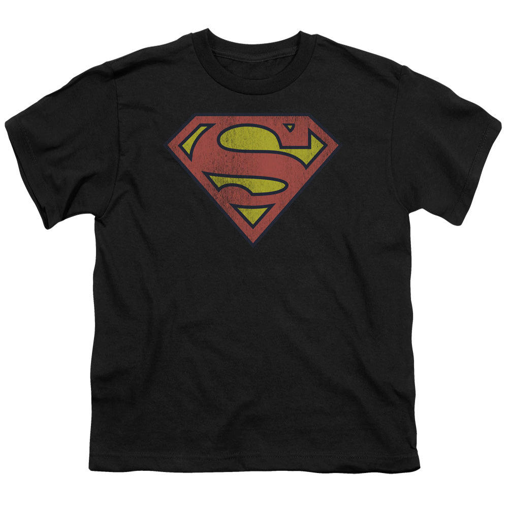 DC Comics Retro Supes Logo Distressed Kids Youth T Shirt Black Officially Licensed