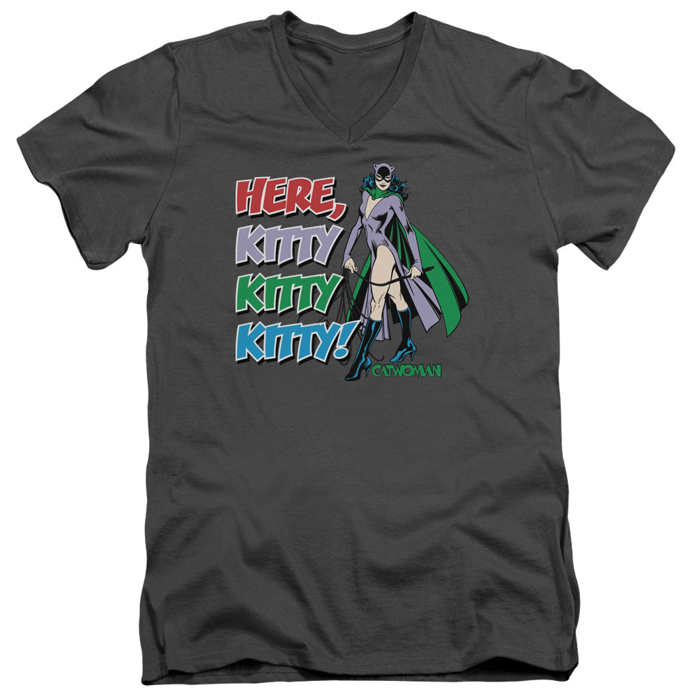 DC Comics Here Kitty Mens Slim Fit V Neck T Shirt Charcoal Officially Licensed