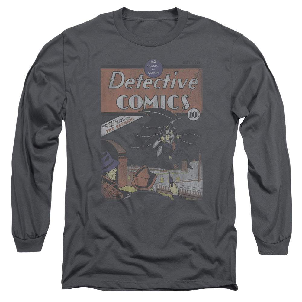 DC Comics Detective #27 Distressed Mens Long Sleeve Shirt Charcoal Officially Licensed