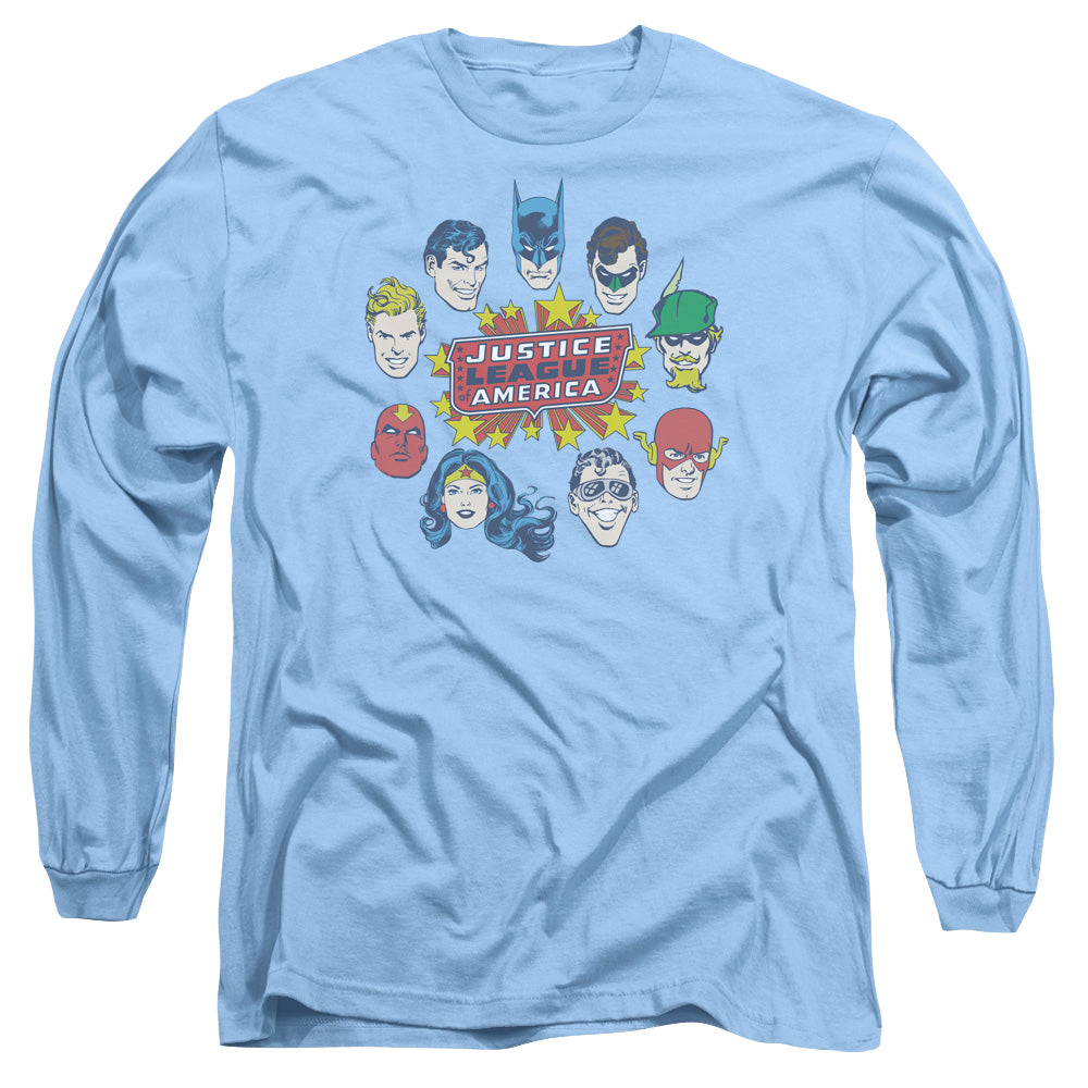 DC Comics Justice Head Circle Mens Long Sleeve Shirt Carolina Blue Officially Licensed