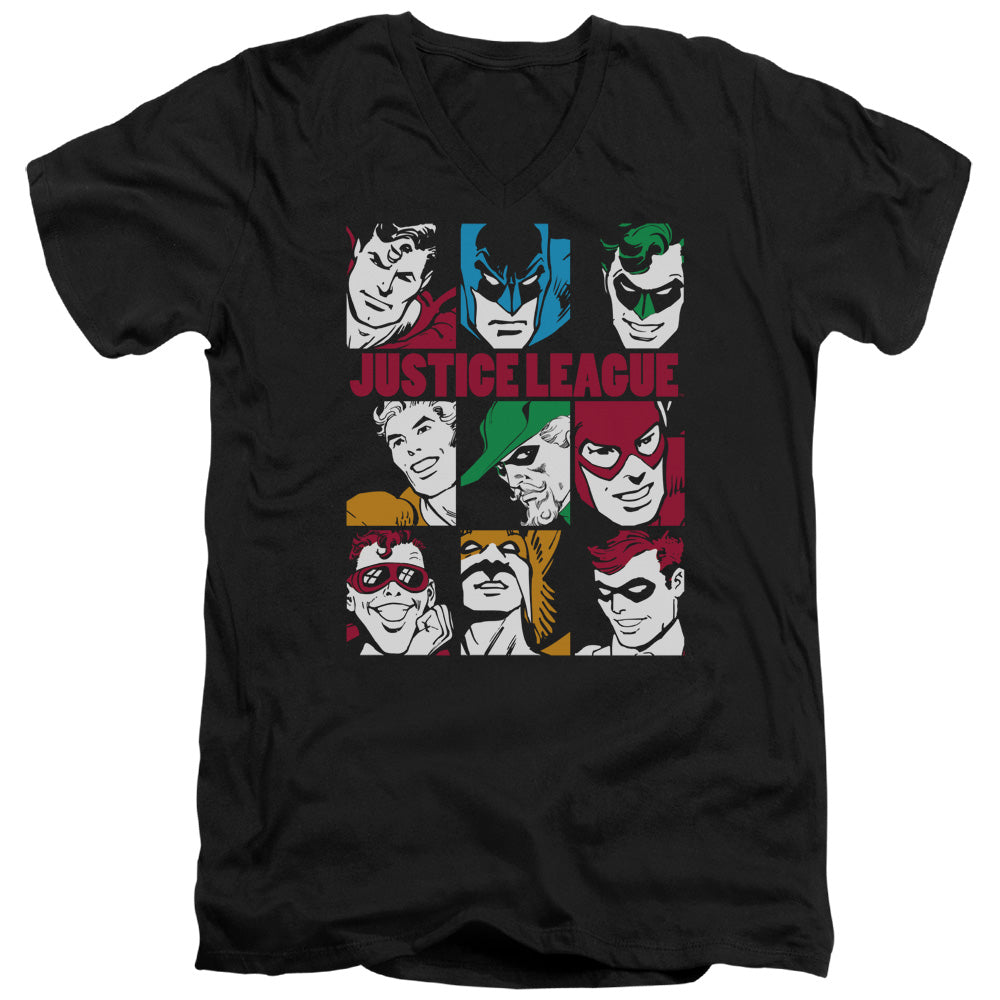 DC Comics Nine Blocks of Justice Mens Slim Fit V Neck T Shirt Black Officially Licensed