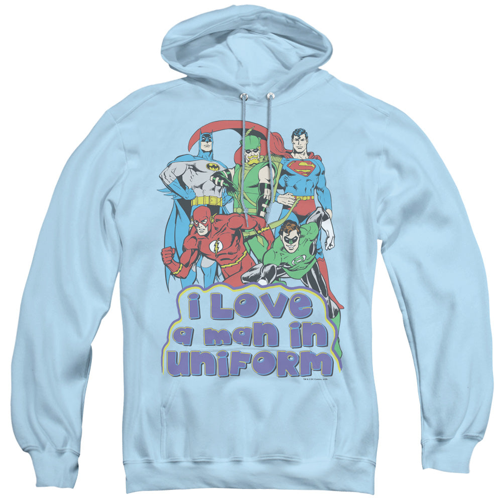 DC Comics I Love a Man in Uniform Mens Hoodie Light Blue Officially Licensed
