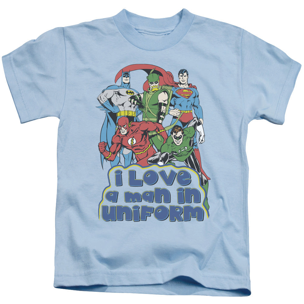 DC Comics I Love a Man in Uniform Juvenile Kids Youth T Shirt Light Blue Officially Licensed
