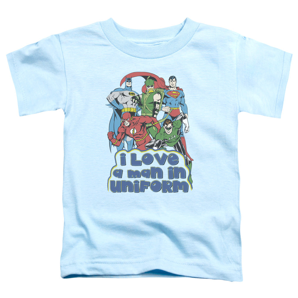 DC Comics I Love a Man in Uniform Toddler Kids Youth T Shirt Light Blue Officially Licensed