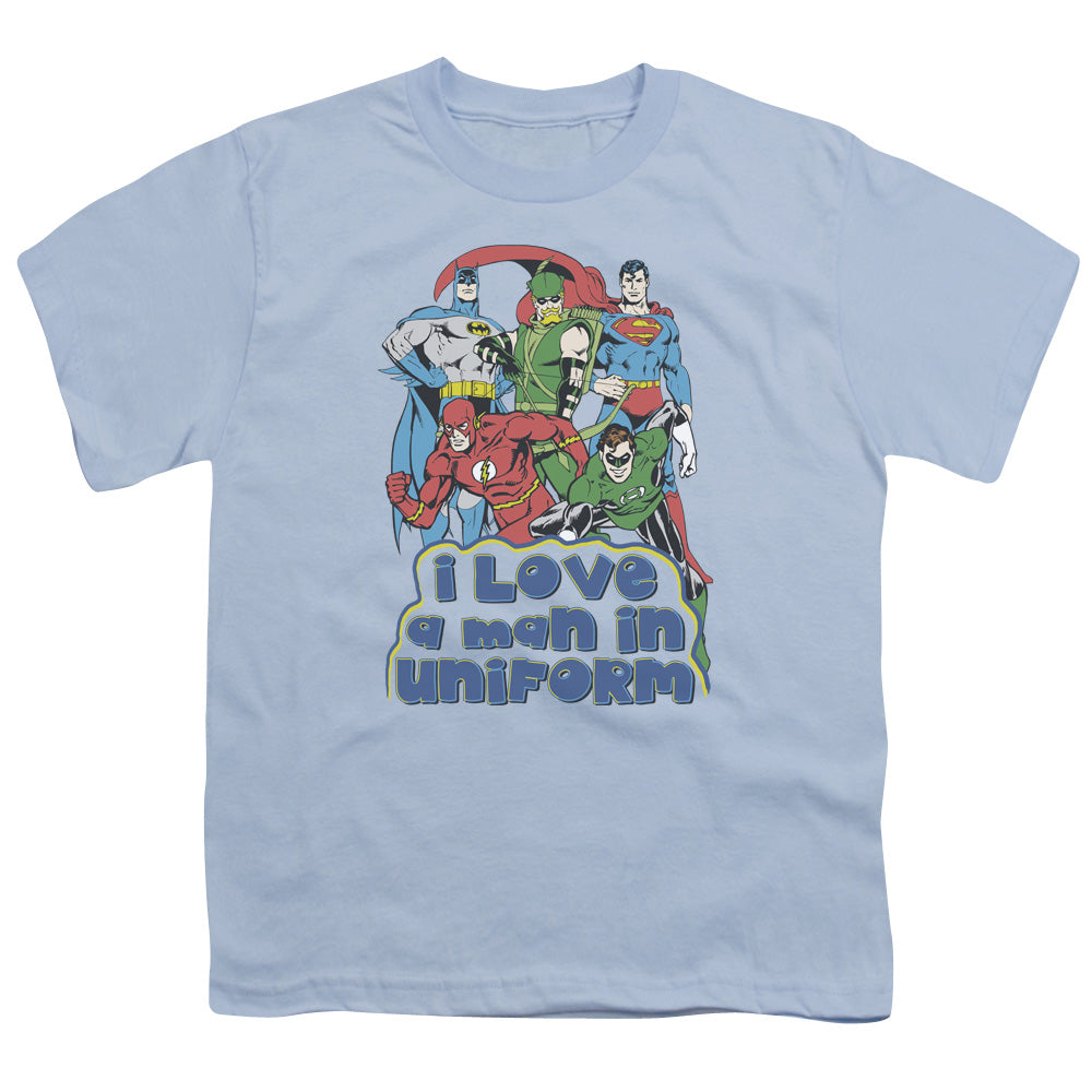 DC Comics I Love a Man in Uniform Kids Youth T Shirt Light Blue Officially Licensed