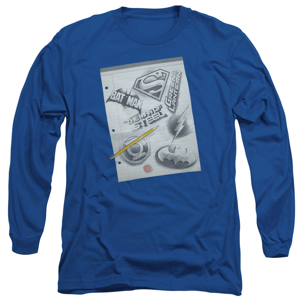 DC Comics Logo Note Paper Mens Long Sleeve Shirt Royal Blue Officially Licensed
