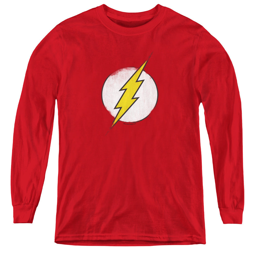 DC Comics Flash Rough Flash Logo Long Sleeve Kids Youth T Shirt Red Officially Licensed