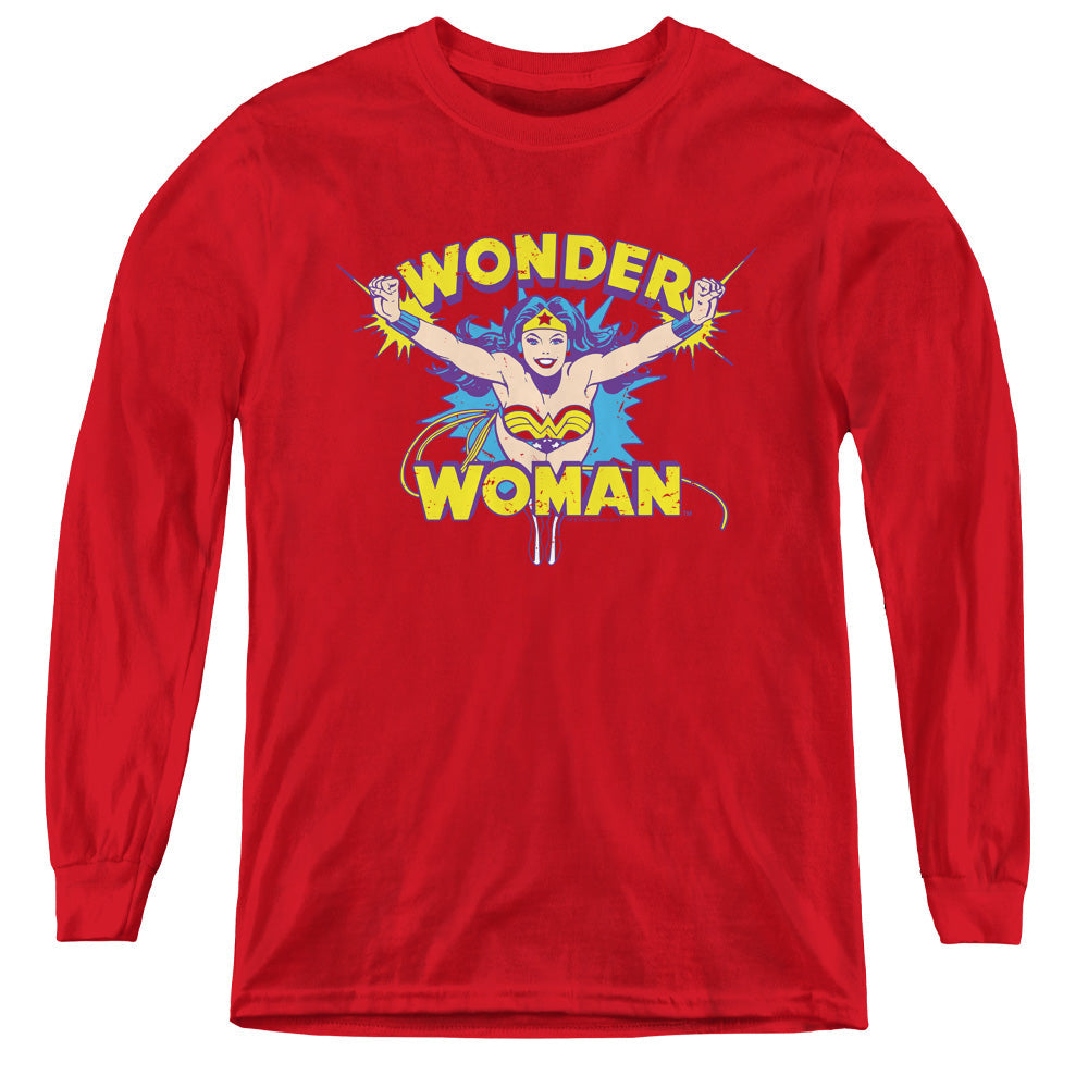 DC Comics Flying Through Long Sleeve Kids Youth T Shirt Red Officially Licensed