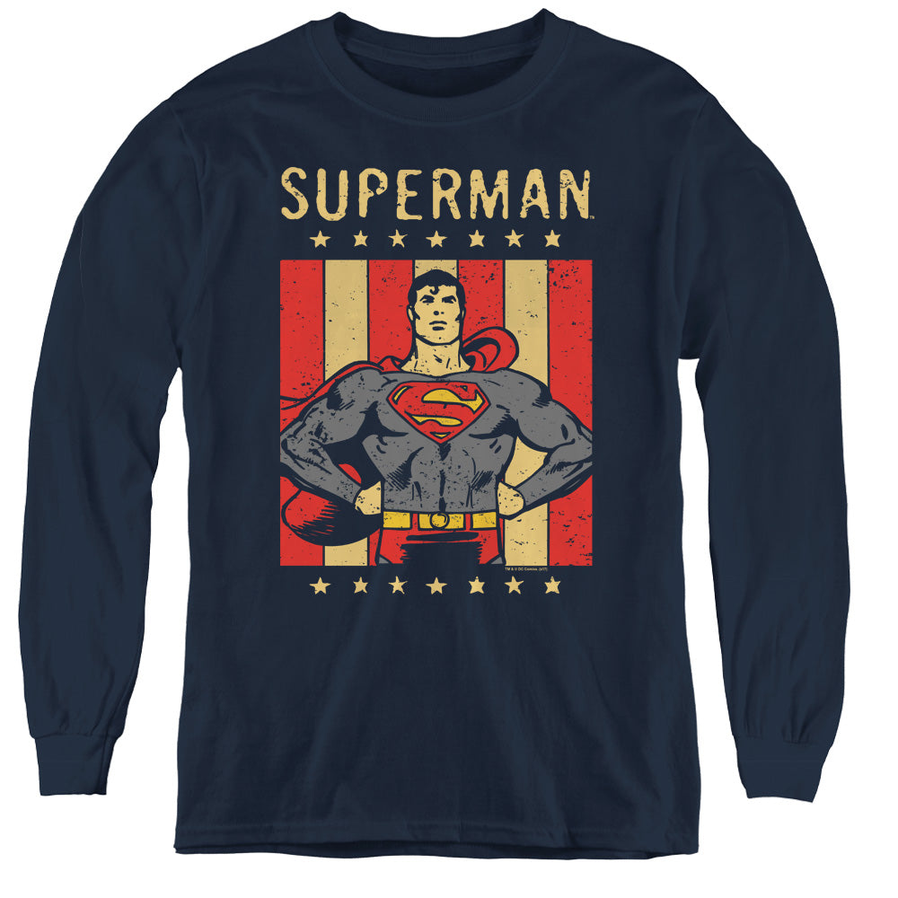DC Comics Retro Liberty Long Sleeve Kids Youth T Shirt Navy Blue Officially Licensed