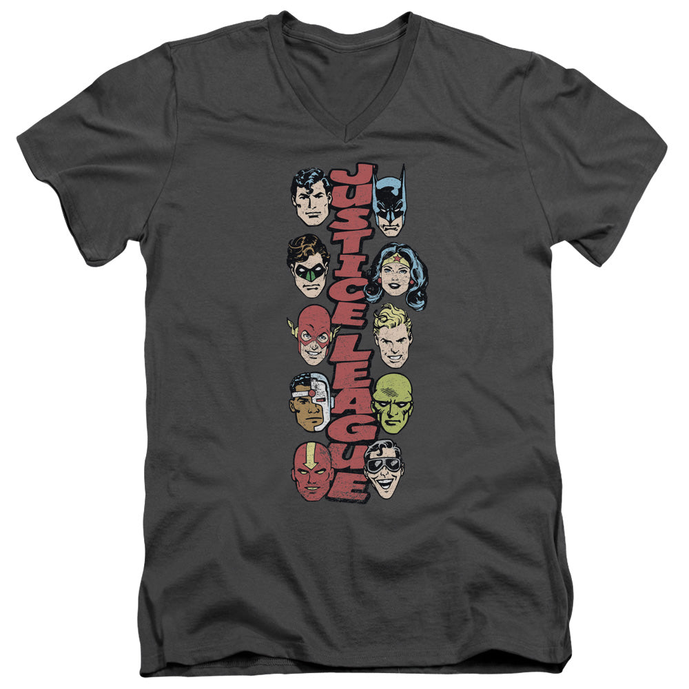 DC Comics Stacked Justice Mens Slim Fit V Neck T Shirt Charcoal Officially Licensed