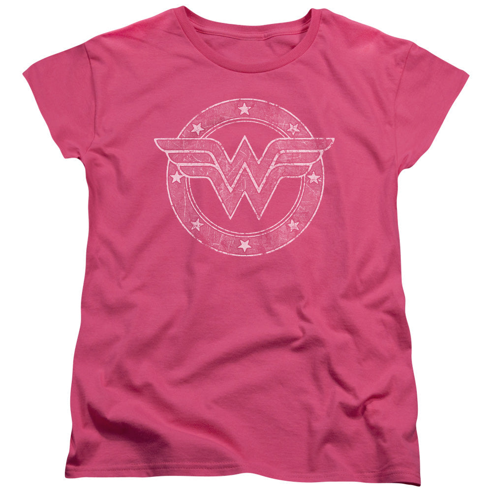 DC Comics Tattered Emblem Womens T Shirt Hot Pink Officially Licensed