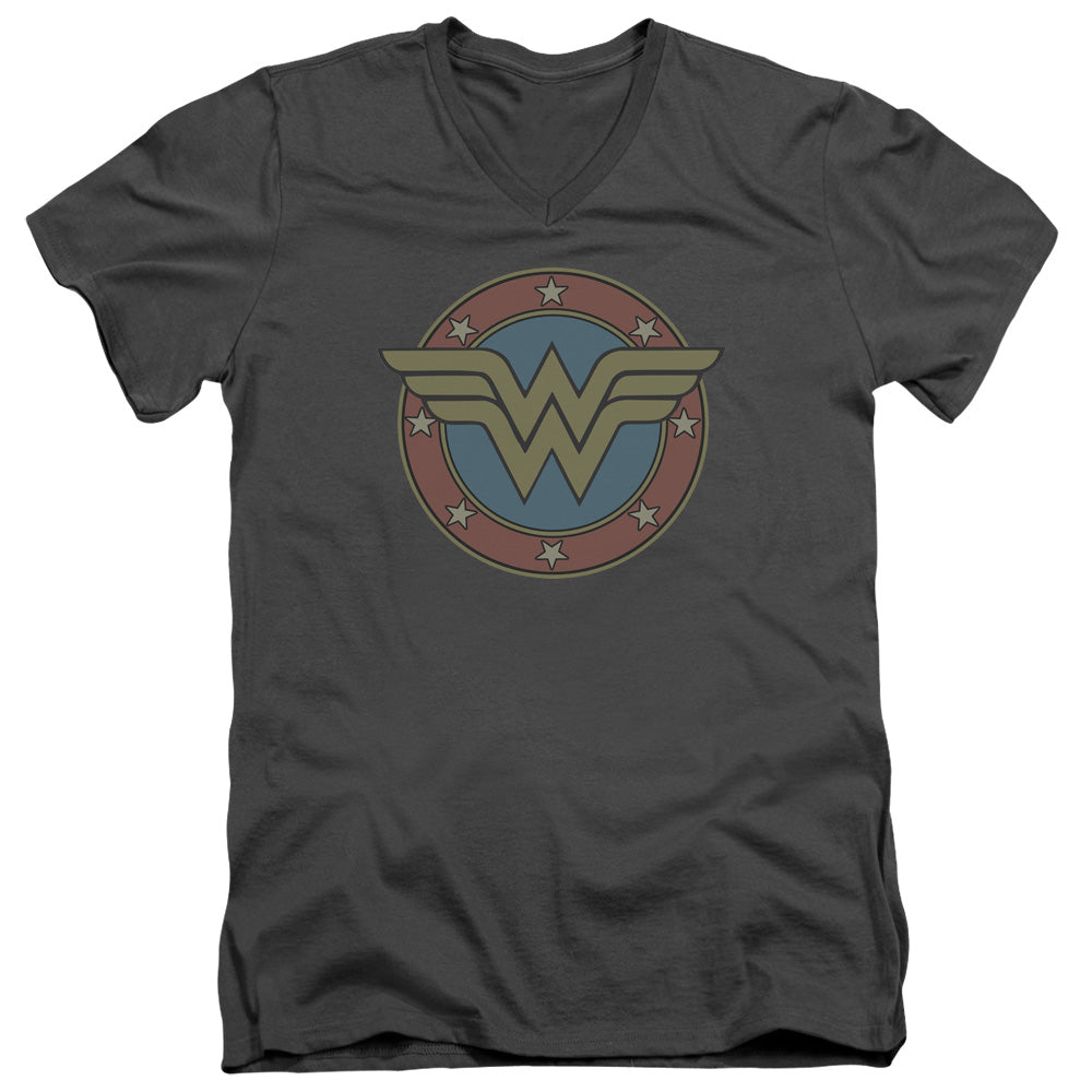 DC Comics Ww Vintage Emblem Mens Slim Fit V Neck T Shirt Charcoal Officially Licensed