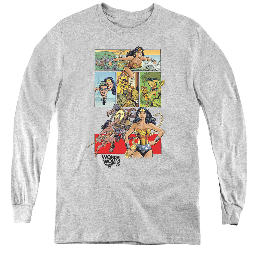 Wonder Woman WW75 Comic Page Long Sleeve Kids Youth T Shirt Athletic Heather Officially Licensed