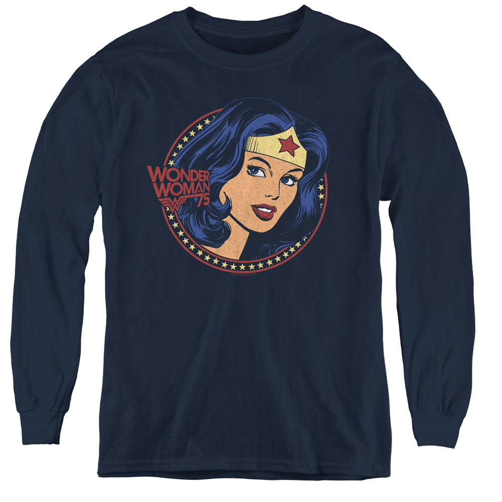 DC Comics WW75 Starburst Portrait Long Sleeve Kids Youth T Shirt Navy Blue Officially Licensed