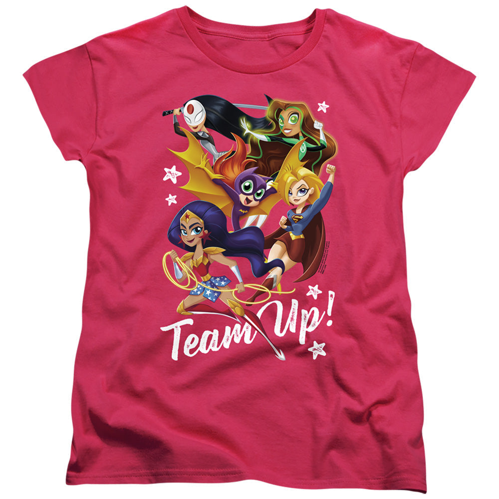 Dc Superhero Girls Team Up Womens T Shirt Hot Pink Officially Licensed