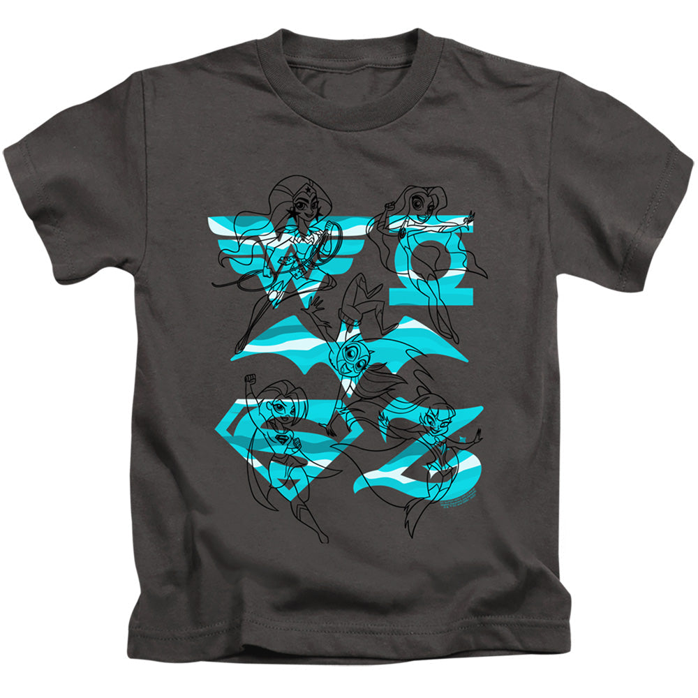 Dc Superhero Girls Line Art Group Juvenile Kids Youth T Shirt Charcoal Officially Licensed
