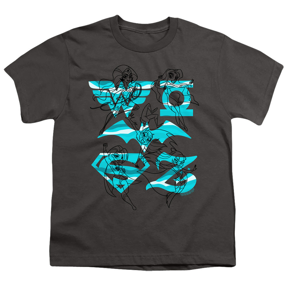 Dc Superhero Girls Line Art Group Kids Youth T Shirt Charcoal Officially Licensed