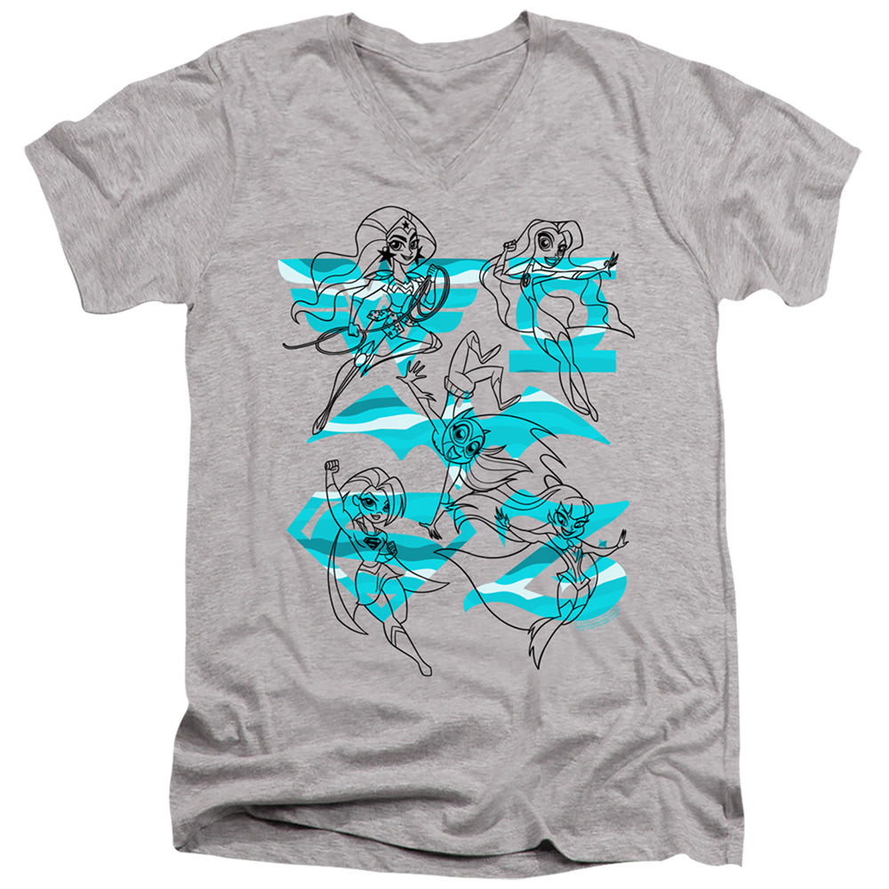 Dc Superhero Girls Line Art Group Mens Slim Fit V Neck T Shirt Athletic Heather Officially Licensed