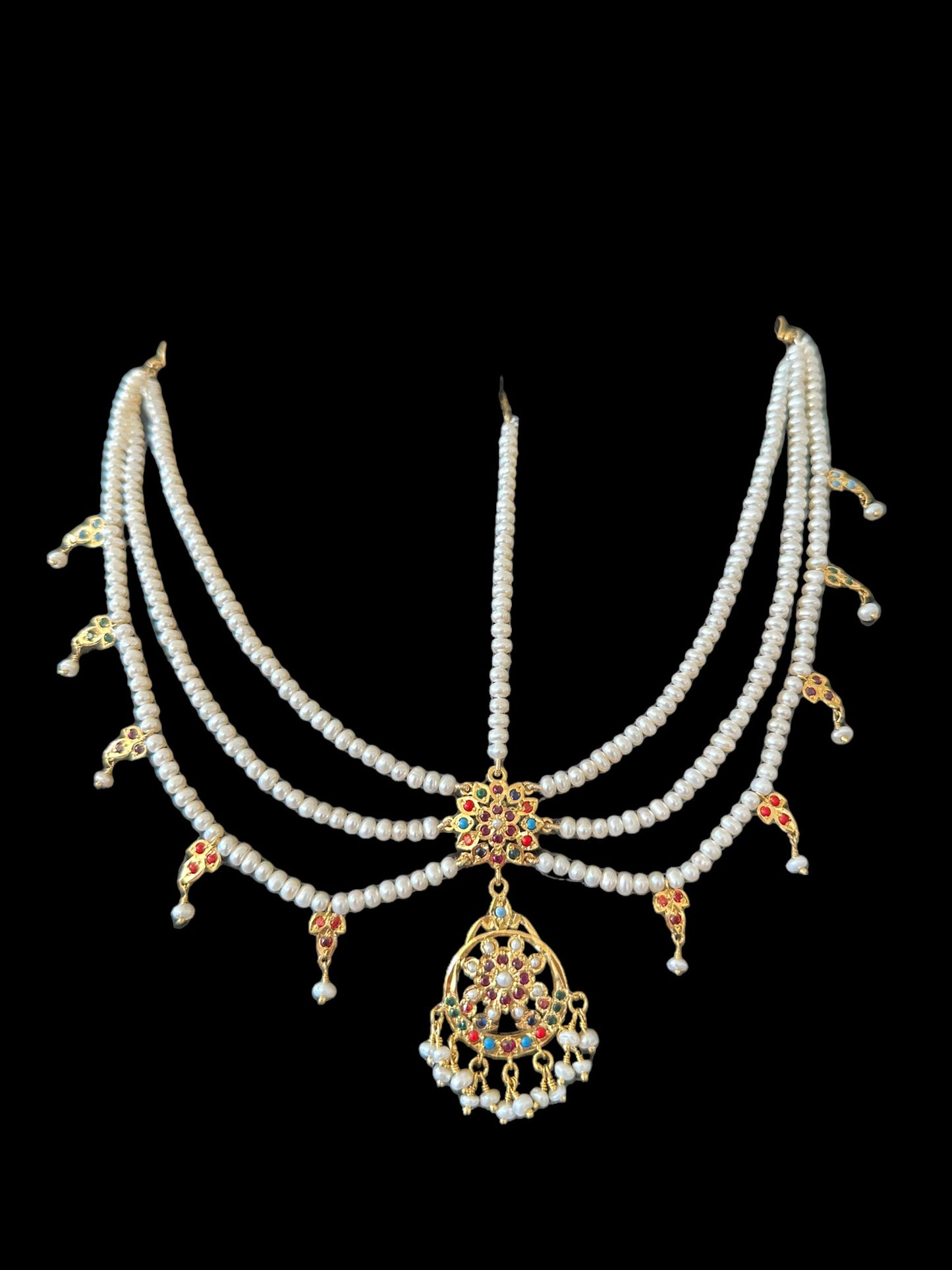 Navratan gold plated silver mathapatti in fresh water pearls ( READY TO SHIP )