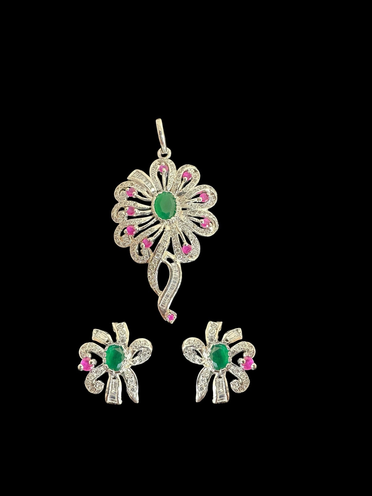 Cz pendant - silver plated with red green stones ( READY TO SHIP )