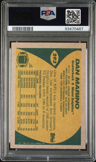 Graded 1989 Topps Dan Marino #293 Football Card PSA 8 NM-MT