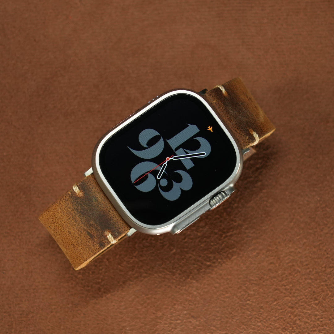 Vintage Distressed Leather Band for Apple Watch Series 10 – 100% Cowhide, One-Piece Hand-Stitched, Patina-Ready
